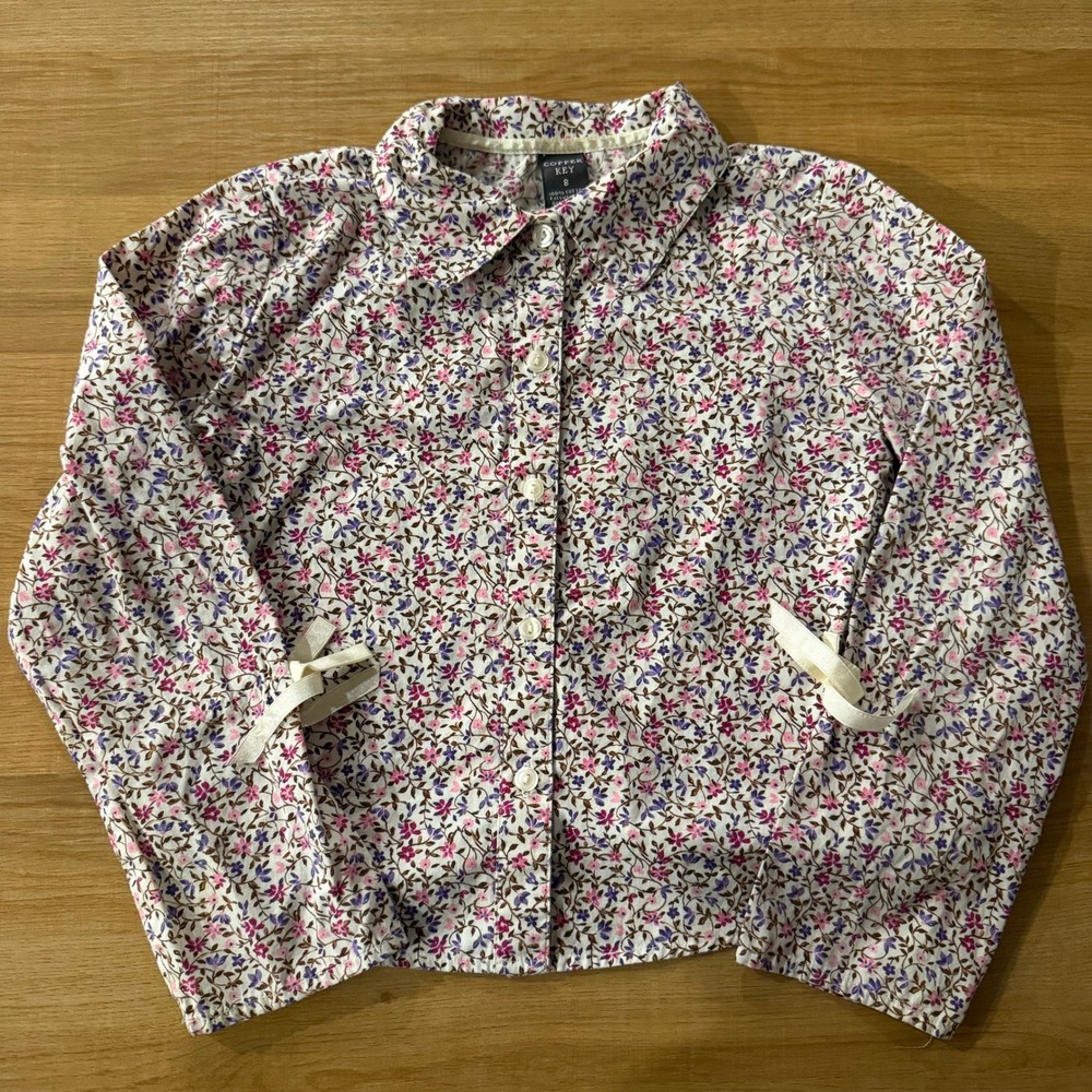 Copper Key Girls Floral Button Down Shirt Size 8 White Pink Purple Ribbon Ties